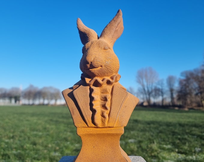 Cast iron bust of a hare - Dressed rabbit - Animals in costume - Garden and patio decoration - Easter decoration - Spring - iron Easter art