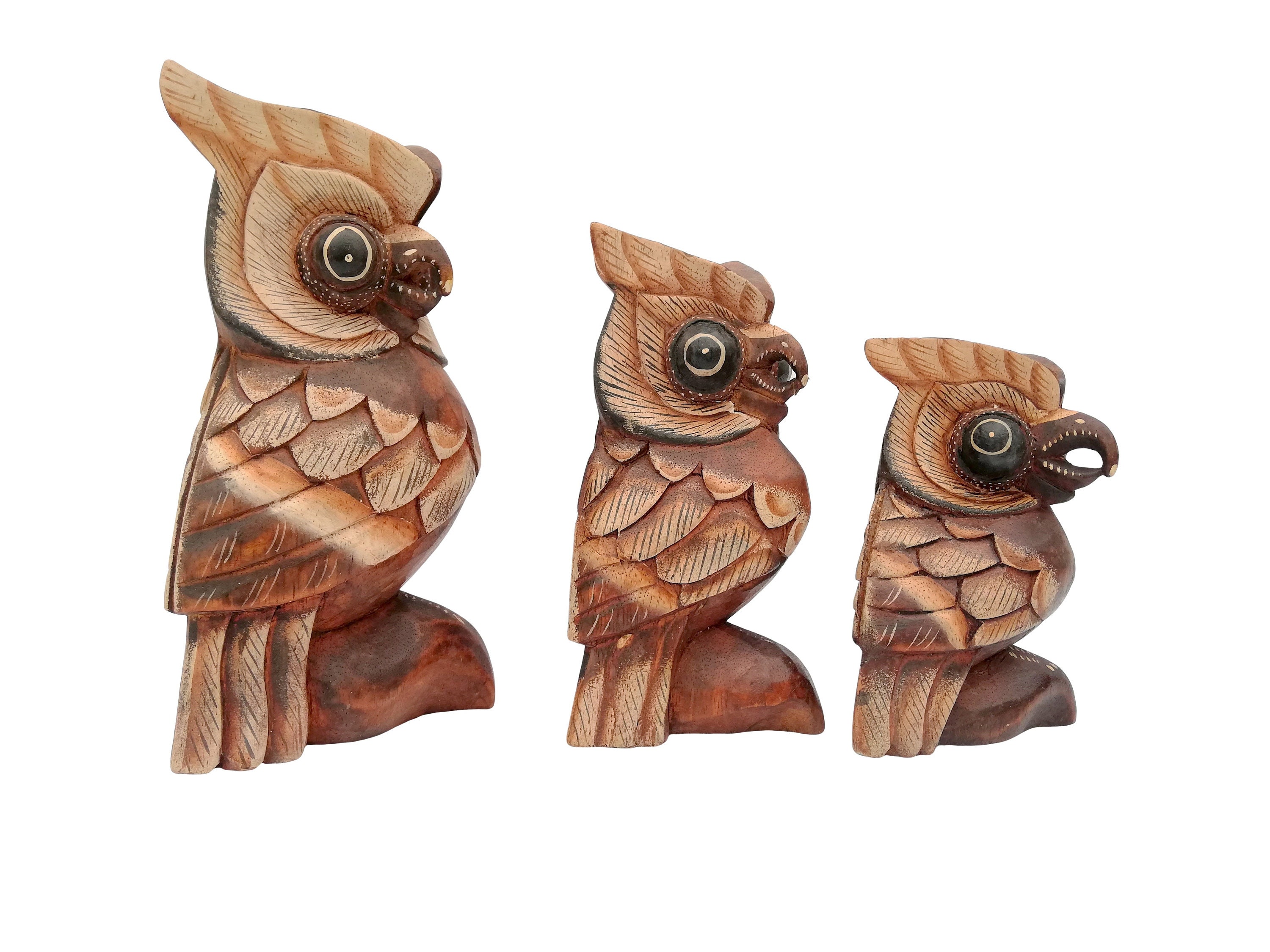 Three handcarved wooden owl sculptures fall & winter decor