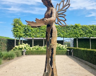 Standing angel with bowl - feeder - Modernist cast iron angel - Garden artwork - Rustic and modernist artwork