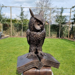 Large bronze garden art - Large owl on books - Bronze statue