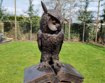 Large bronze garden art - Large owl on books - Bronze statue