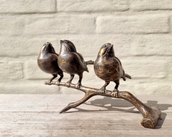 3 vogels op een tak - bronzen tuinornamenten - Tuin en terrasdecoratie
