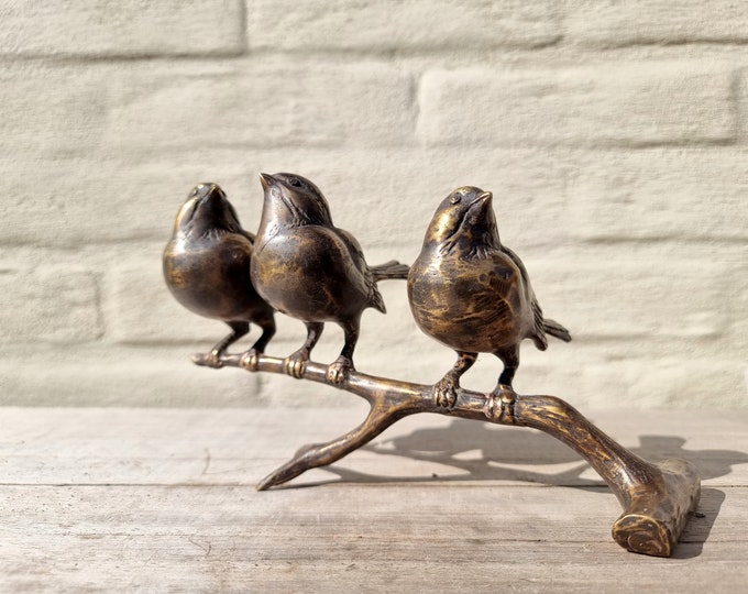 3 birds on a branch - bronze garden ornaments - Garden and patio decoration