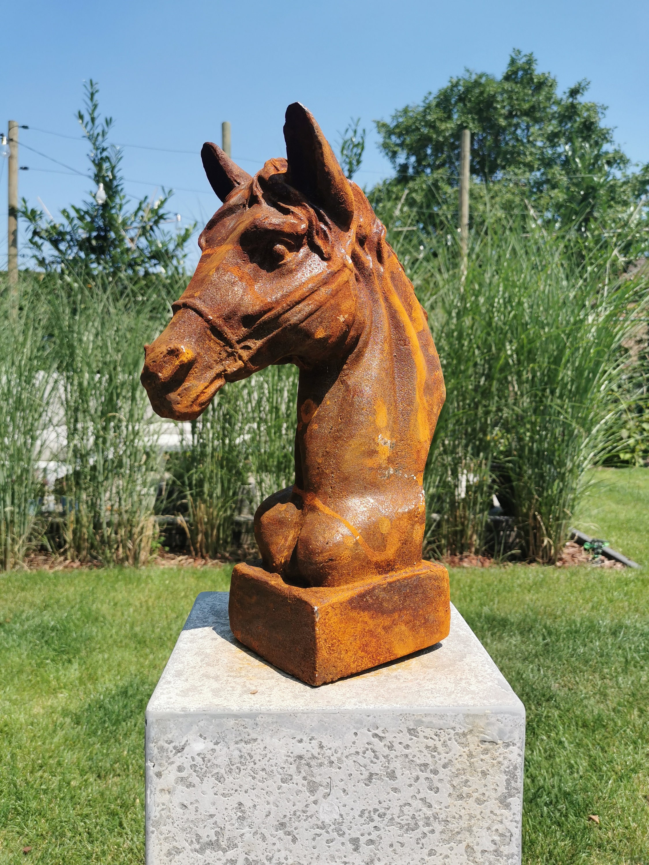 Antique style garden sculpture of a horse head Garden