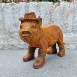 Rustic Cast Iron Piglet Sculpture: Adorable Dressed Pig with Boots and Hat for Charming Garden Decor image 5