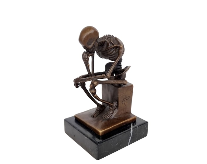 Bronze figurine of a skeleton - Thinking skeleton after the work of Rodin - philosophical work of art and perfect gift idea