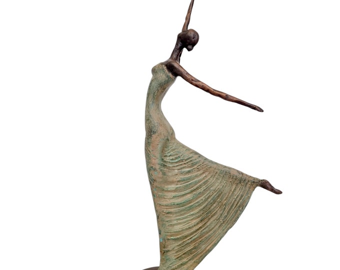 Roughly designed bronze sculpture of a graceful dancer - Natural beauty - Elegant design - dancer with green dress - bronze art