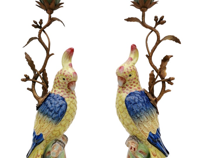 Cockatoo candle holders with bronze ornaments - Cockatoo candlesticks - Bohemian decor