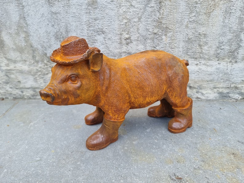 Rustic Cast Iron Piglet Sculpture: Adorable Dressed Pig with Boots and Hat for Charming Garden Decor image 3