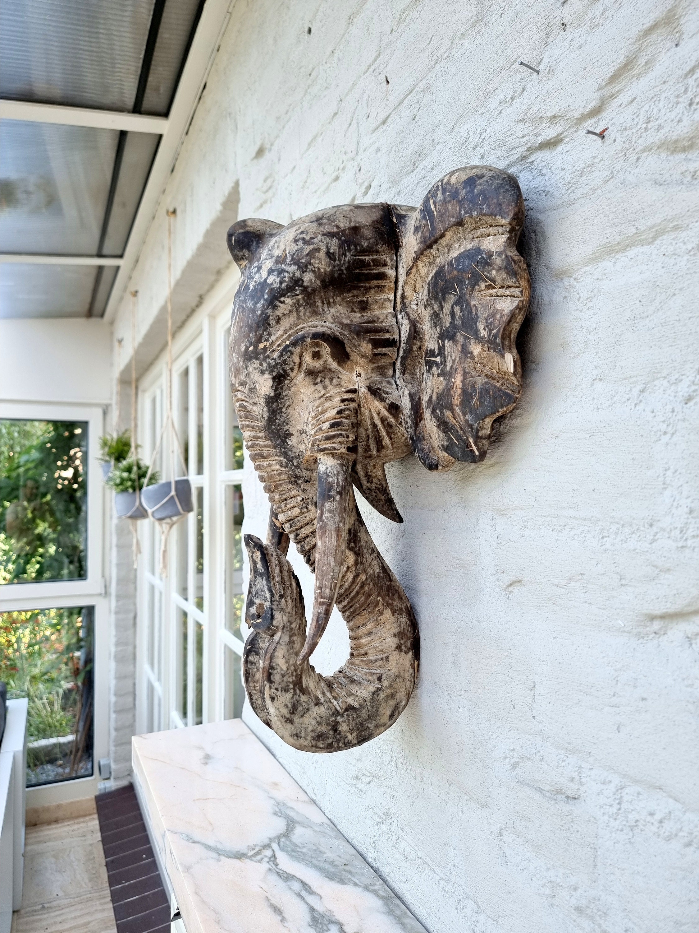 Wooden elephant head Wall decoration Decorative wall sculpture