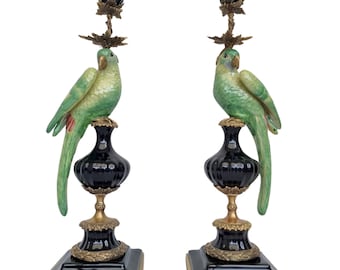 Bronze mounted porcelain parrot candle holders - Empire and regency home decor - table candleholders - Boho and eye catching candlesticks