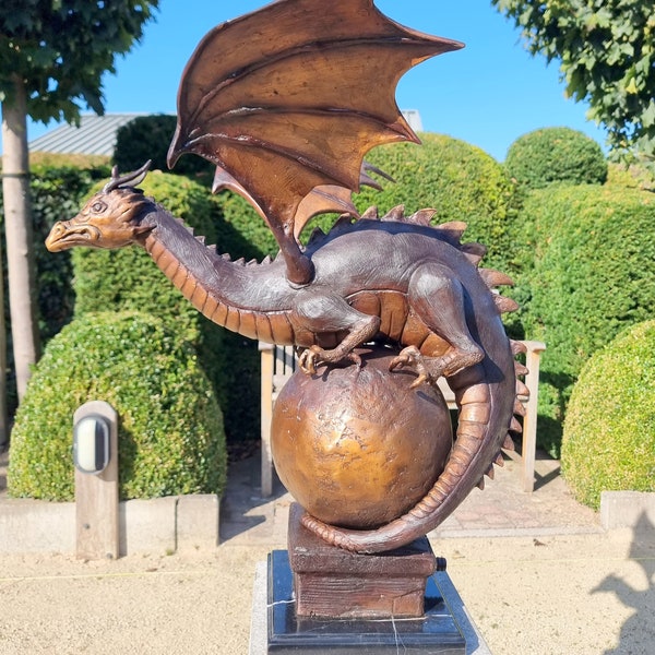 Bronze Dragon on sphere - Decorative garden art - Dragon of protection - fountain - Dragon water spitter - pond decoration