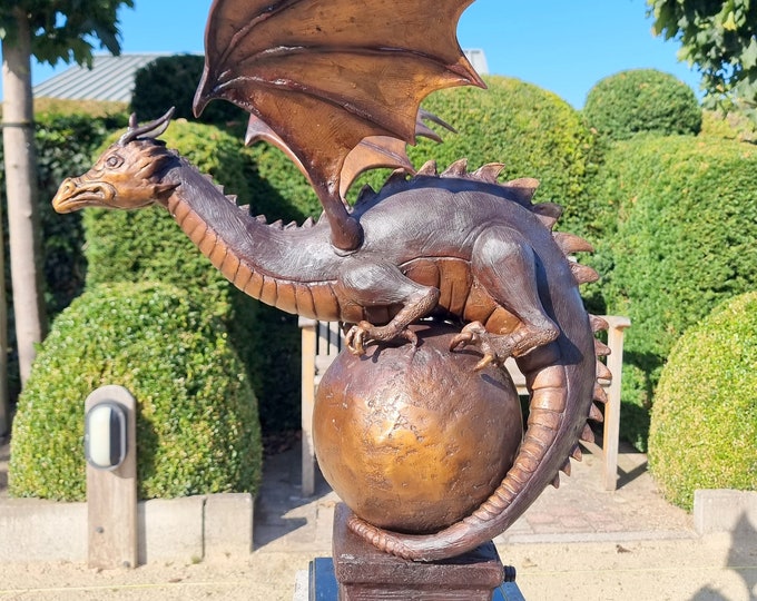 Bronze Dragon on sphere - Decorative garden art - Dragon of protection - fountain - Dragon water spitter - pond decoration