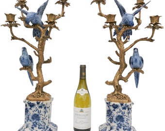 Porcelain candlesticks with bronze ornaments - Parrots - Boho decor