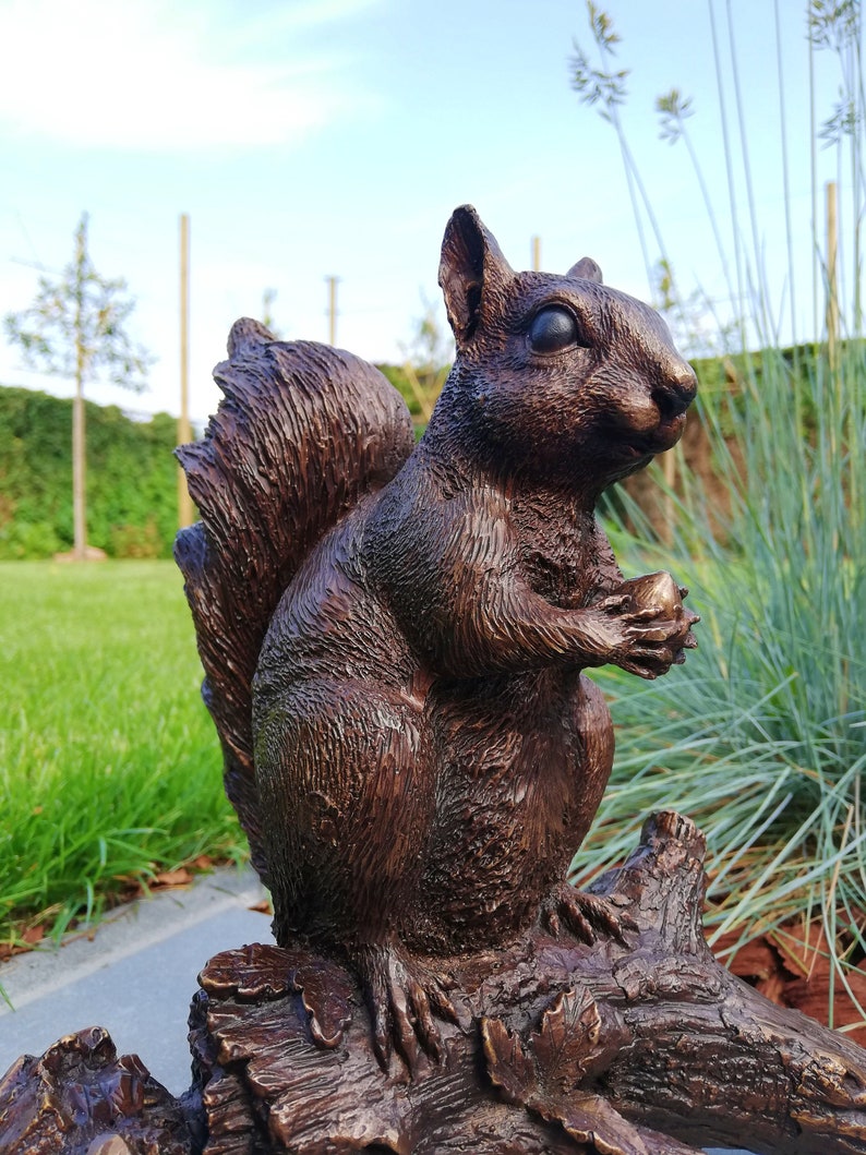 Bronze Sculpture of a Squirrel on a Stump Garden Decor Etsy