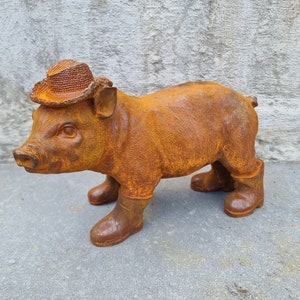 Rustic Cast Iron Piglet Sculpture: Adorable Dressed Pig with Boots and Hat for Charming Garden Decor image 2