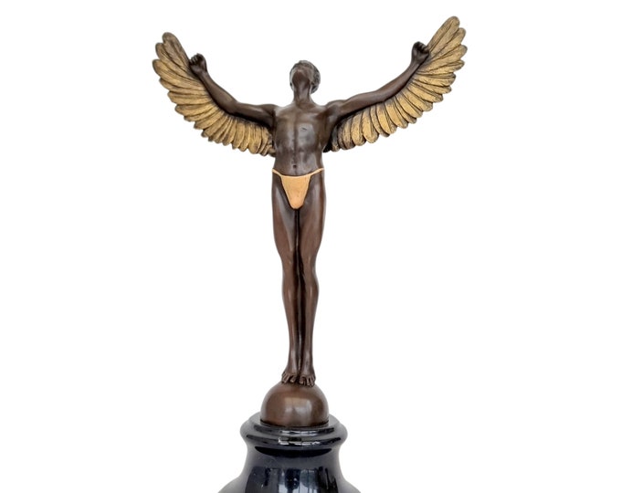 Large detailed bronze sculpture of Icarus - Male angel - Man with golden wings - Icarus legend
