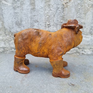 Rustic Cast Iron Piglet Sculpture: Adorable Dressed Pig with Boots and Hat for Charming Garden Decor image 8