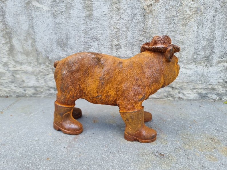Rustic Cast Iron Piglet Sculpture: Adorable Dressed Pig with Boots and Hat for Charming Garden Decor image 8
