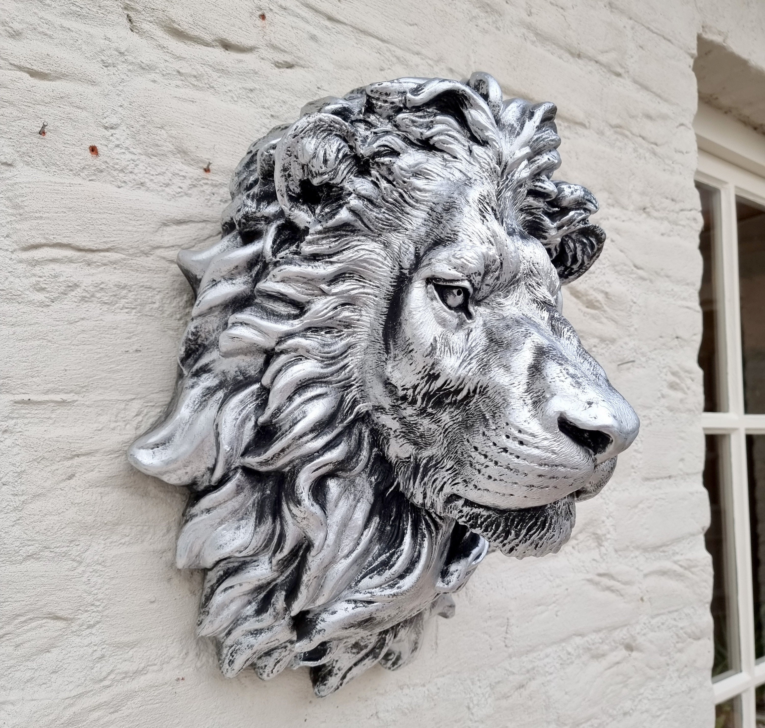 Large lion head Wall mounted Silver lion head Tropical home decor