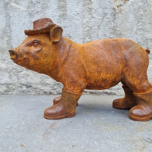 Rustic Cast Iron Piglet Sculpture: Adorable Dressed Pig with Boots and Hat for Charming Garden Decor image 10