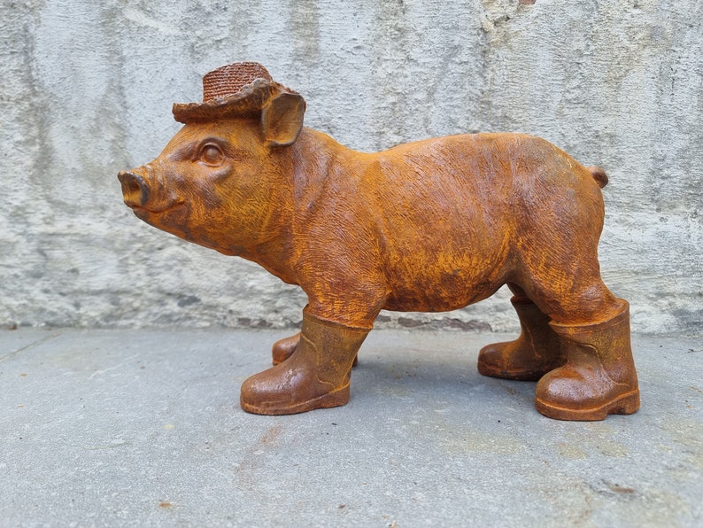 Rustic Cast Iron Piglet Sculpture: Adorable Dressed Pig with Boots and Hat for Charming Garden Decor image 10