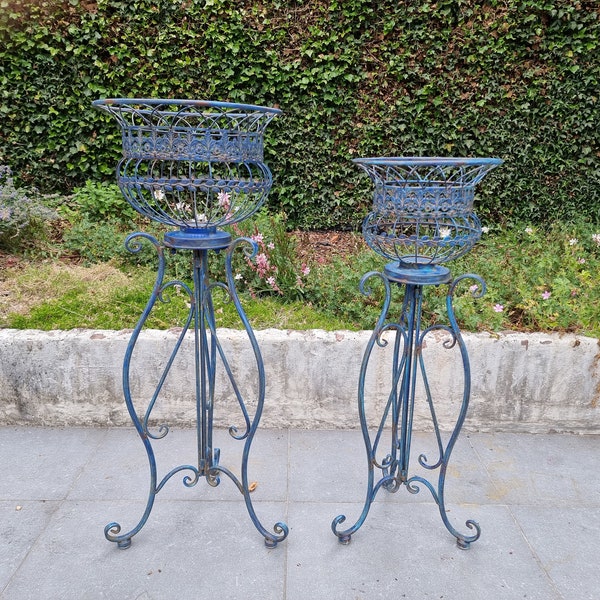 Ensemble de supports de plantes en fer forgé - Pots de fleurs sur pied - Paniers de fleurs pour plantes suspendues - Paniers de plantes - Patio et terrasse