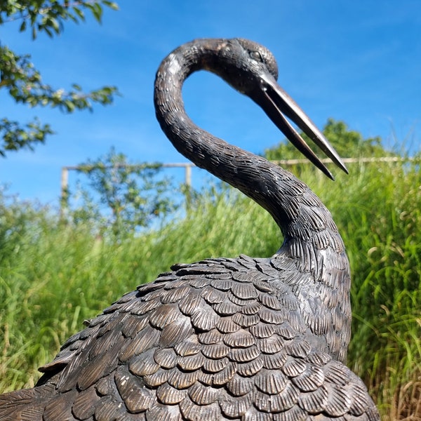 Tall bronze heron - Bronze fountain - Pond and garden decoration - Heron water spitter 40 "