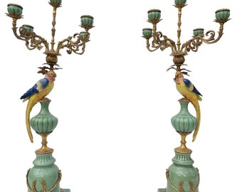 Porcelain candlesticks with bronze ornaments - 34 inches! - Parrots - Boho decor