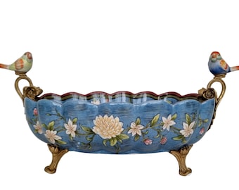 Betoverende Porseleinen Sierschaal: Blauw Bloemenpatroon met Vogeltjes & Bronzen Ornamenten - Tijdloze elegantie - Boho Keuken - Cottagecore