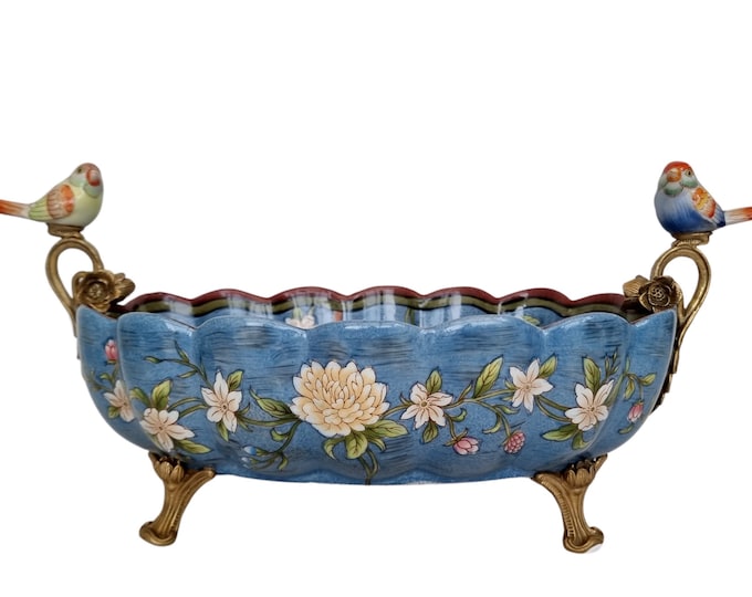 Enchanting Porcelain Decorative Bowl: Blue Floral Pattern with Birds & Bronze Ornaments - Timeless Elegance - Boho Kitchen - Cottagecore