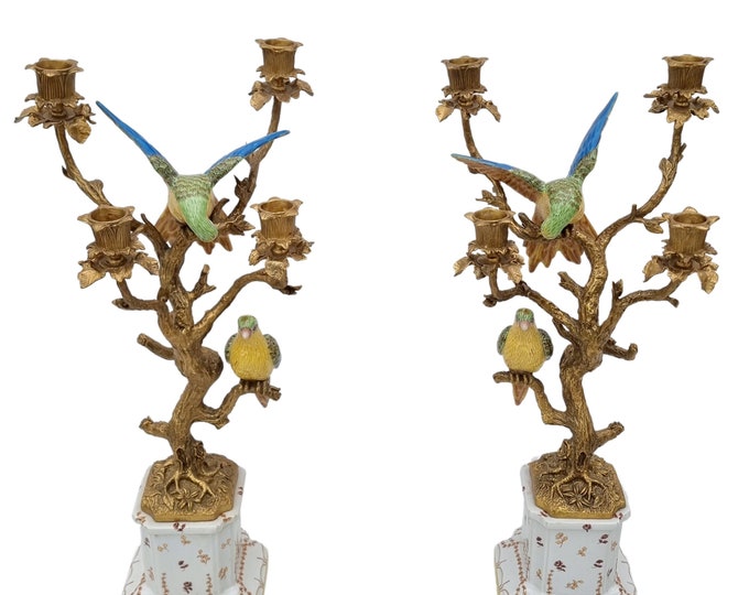 Porcelain candlesticks with bronze ornaments - Parrots - Boho decor