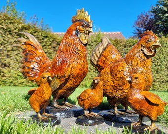 Hen and rooster with chicks - Complete bronze pieces - Bronze chicken family - Bronze garden decoration