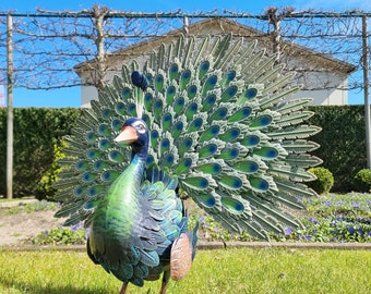 Grand paon en fer debout - Animaux de jardin en métal - Plumes de paon - Décoration de jardin