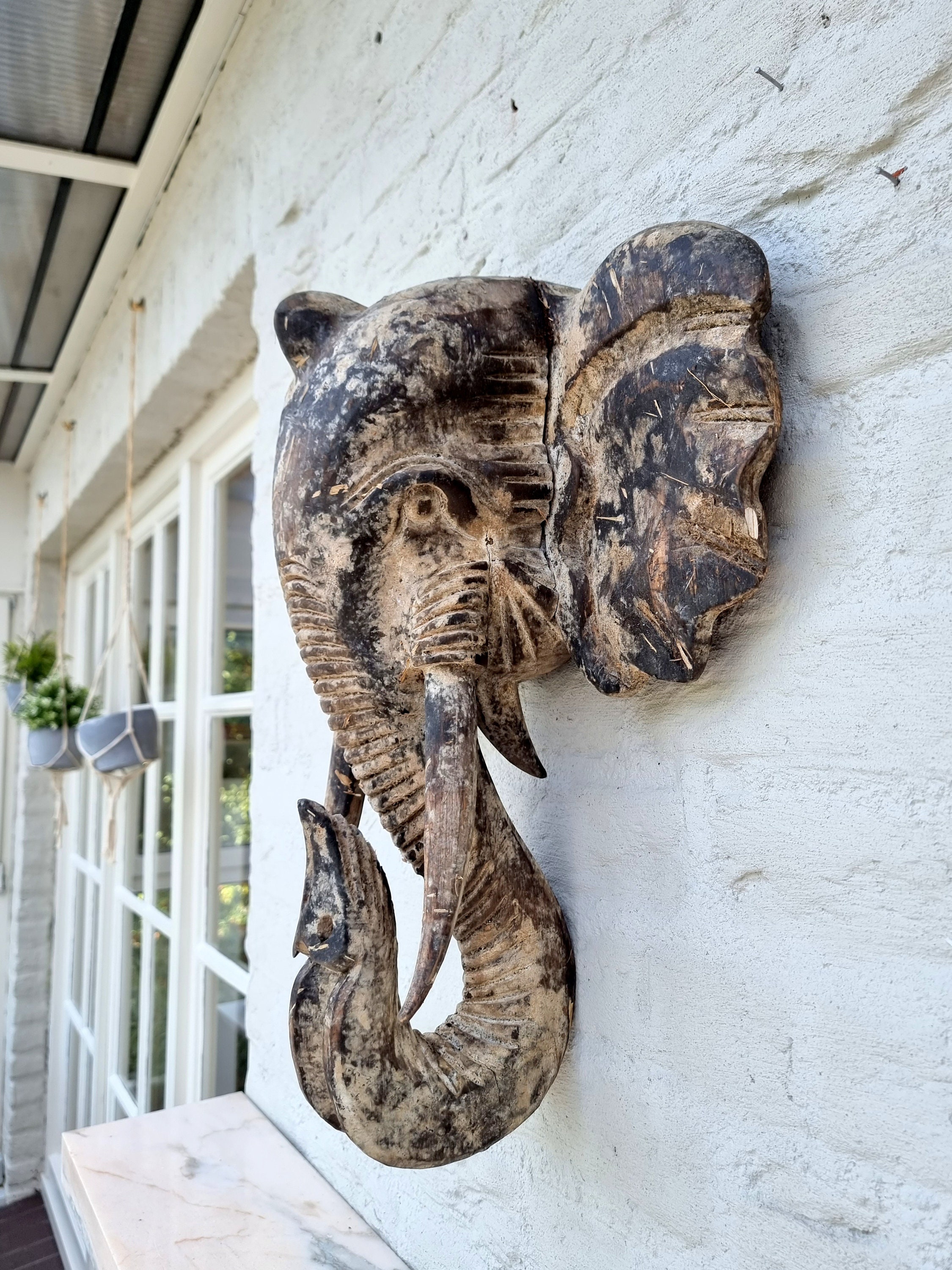 Wooden elephant head Wall decoration Decorative wall sculpture