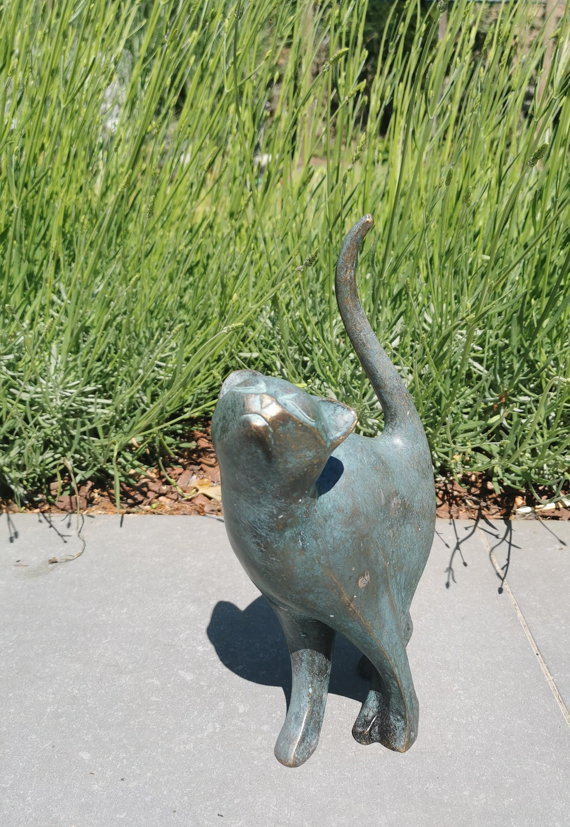 Beautiful bronze sculpture of a cat with a rounded back Bronze garden