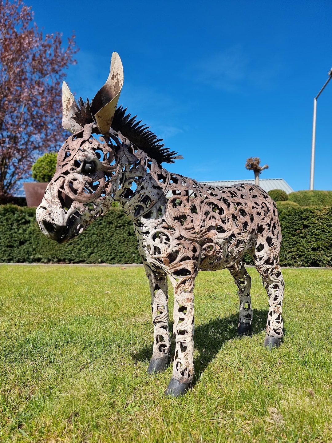 Cute Donkey Statue Metal Garden Art Lawn Animals Baby Donkey Iron