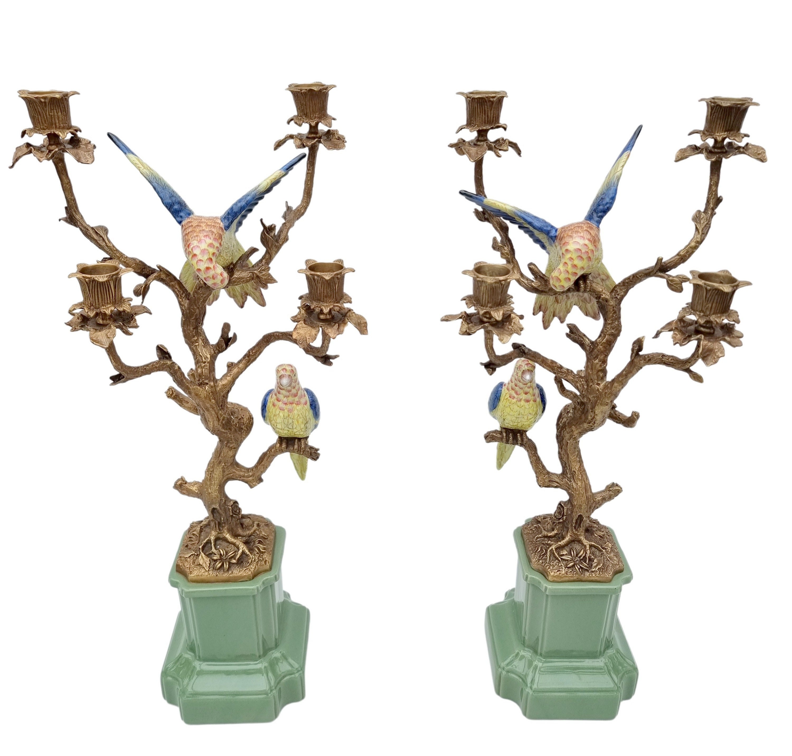 Porcelain candlesticks with bronze ornaments Parrots Boho decor