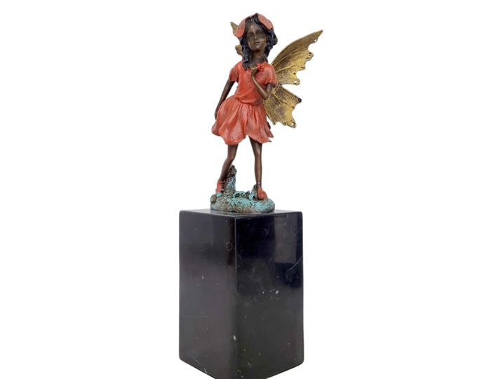Colorful Bronze Pixie of the Forest Fairy on Black Pedestal - Whimsical bronze Art, Perfect for Fantasy Lovers, Home Decor, and Unique Gifts
