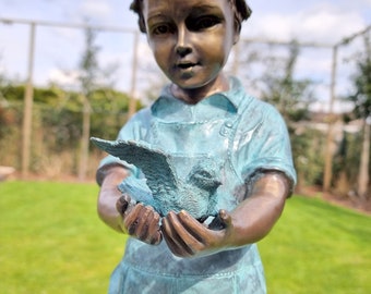 Bronze garden sculpture - Boy with bird - Bronze children - pond sculpture