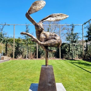 Jumping hare statue - Bronze hare - garden sculpture