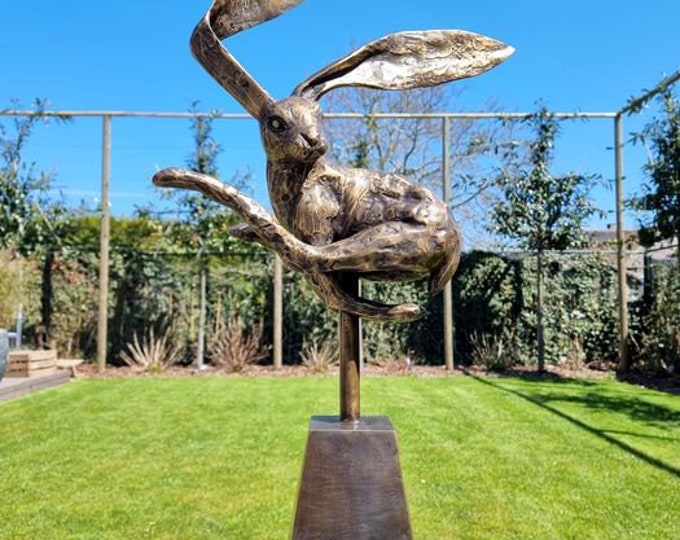 Jumping hare statue - Bronze hare - garden sculpture