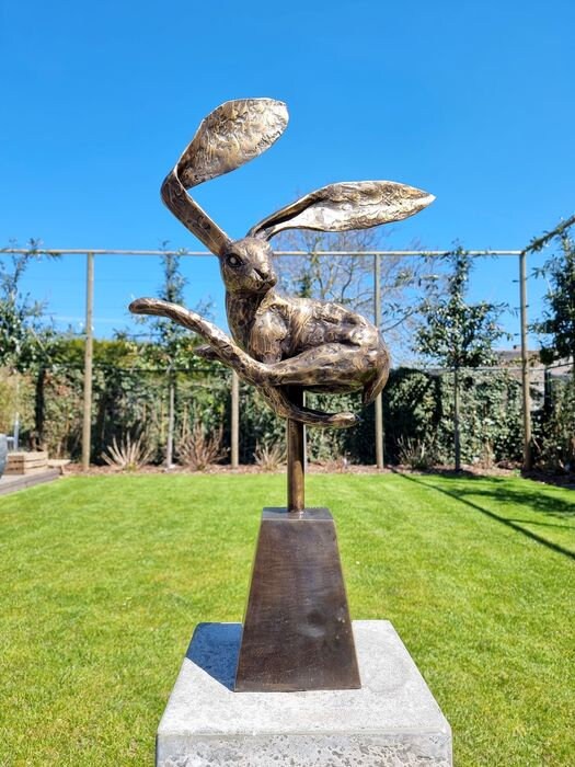 Jumping hare statue Bronze hare garden sculpture