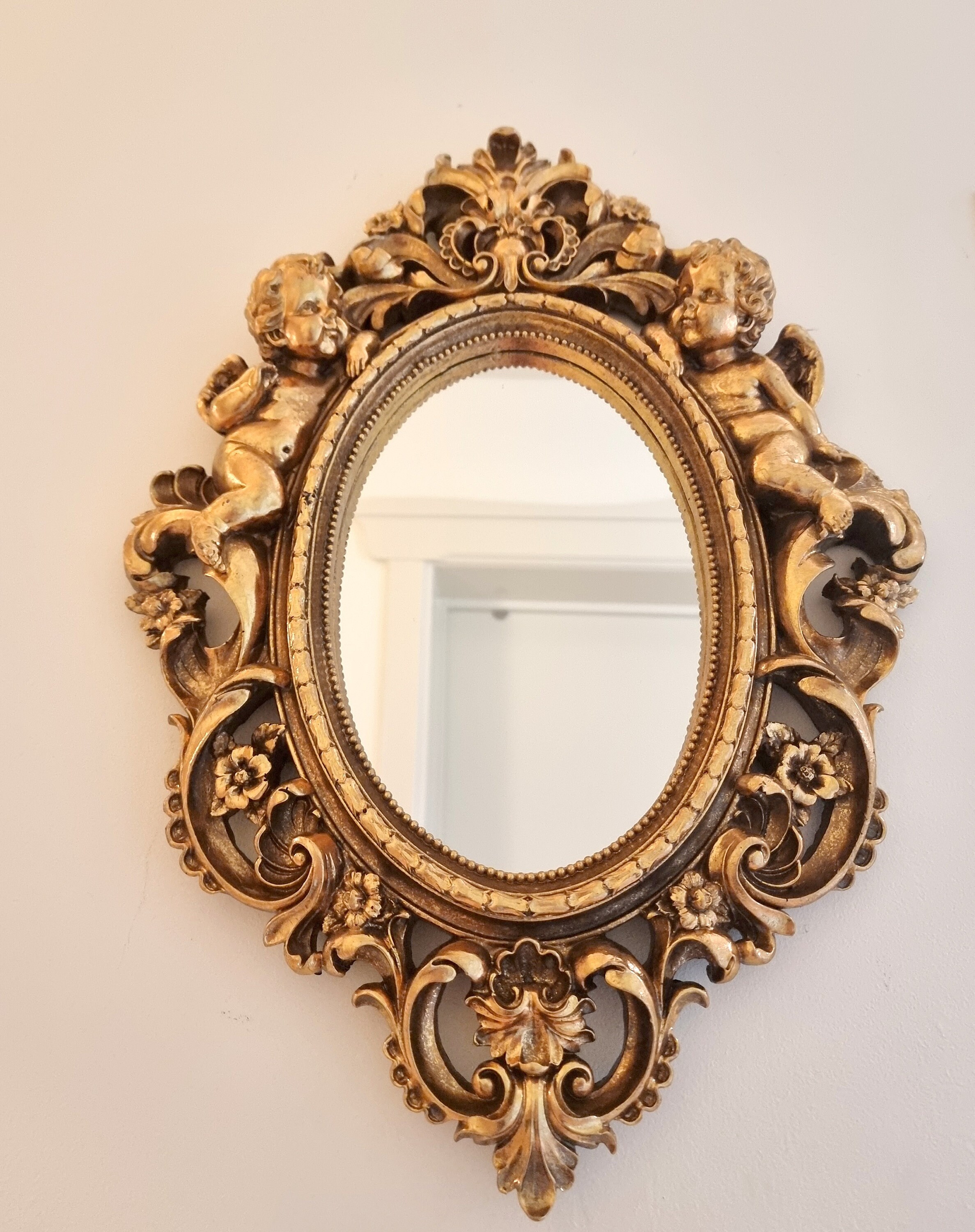 Recency wall mirror Gold colored wall mirror Mid century Cherub mirror