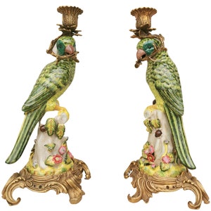 Porcelain candlesticks with bronze ornaments - Parrots - Boho decor