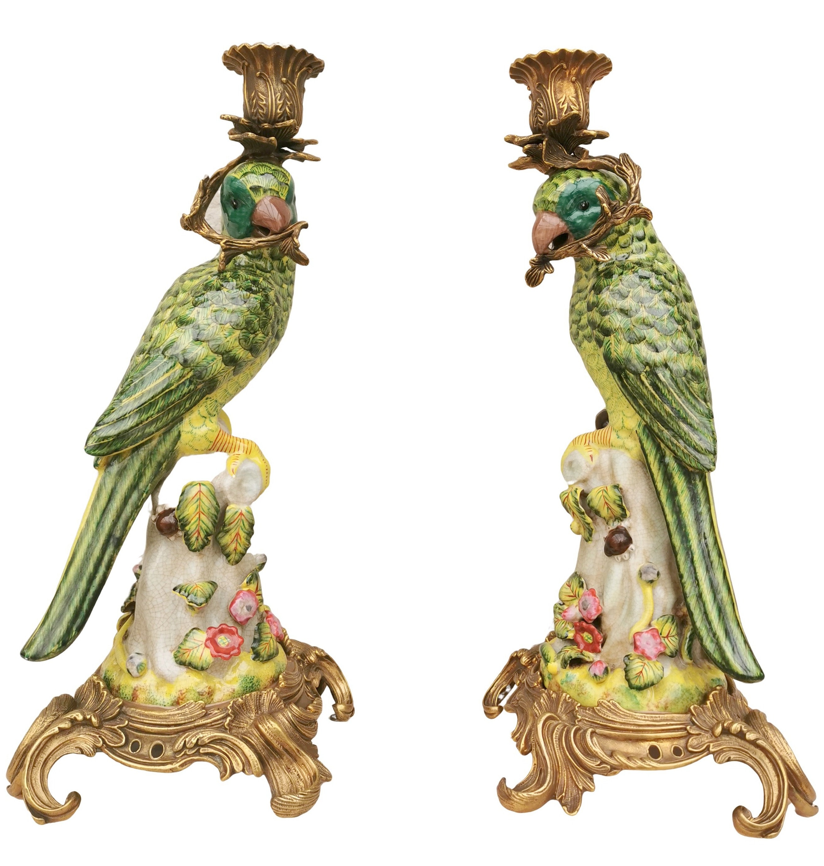 Porcelain candlesticks with bronze ornaments Parrots Boho decor