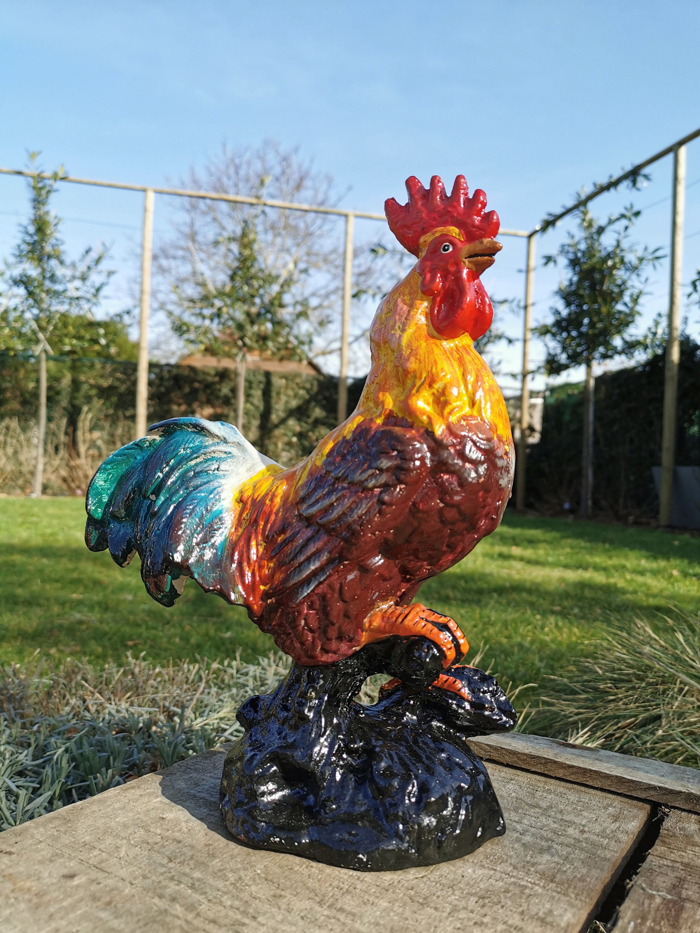 Cast Iron Rooster Beautiful colors Garden sculpture