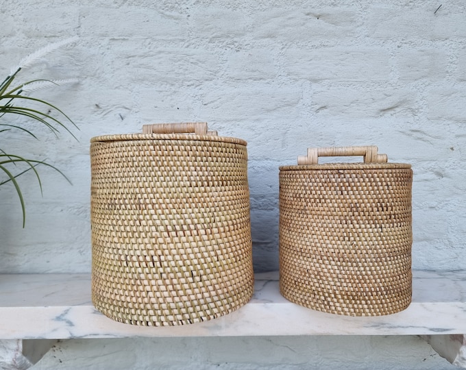 A pair of rattan storage pots - decorative tropical interior design - Unique decoration - housewarming gift idea - storage pots