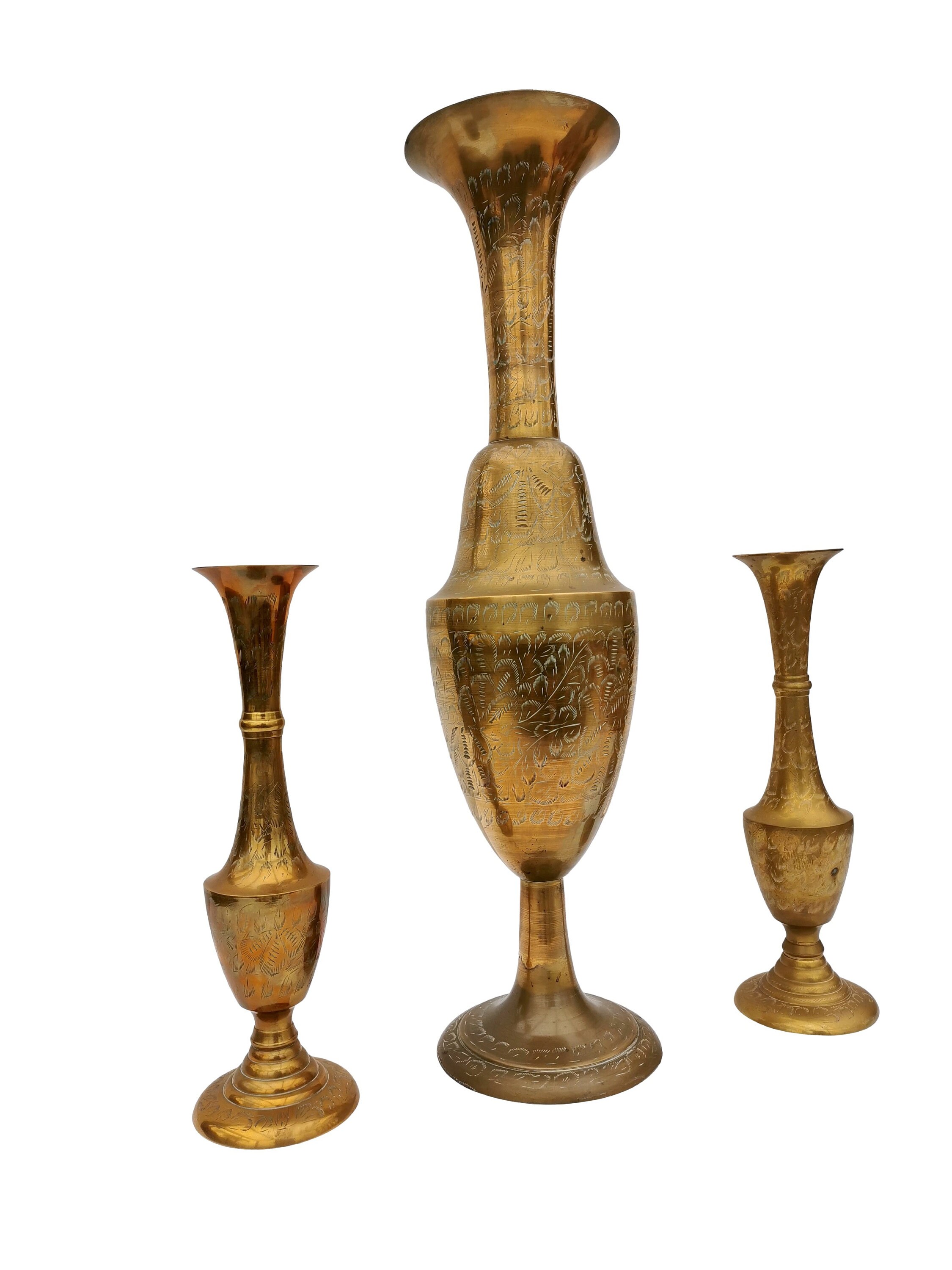 A unique set of 3 decorative copper vases