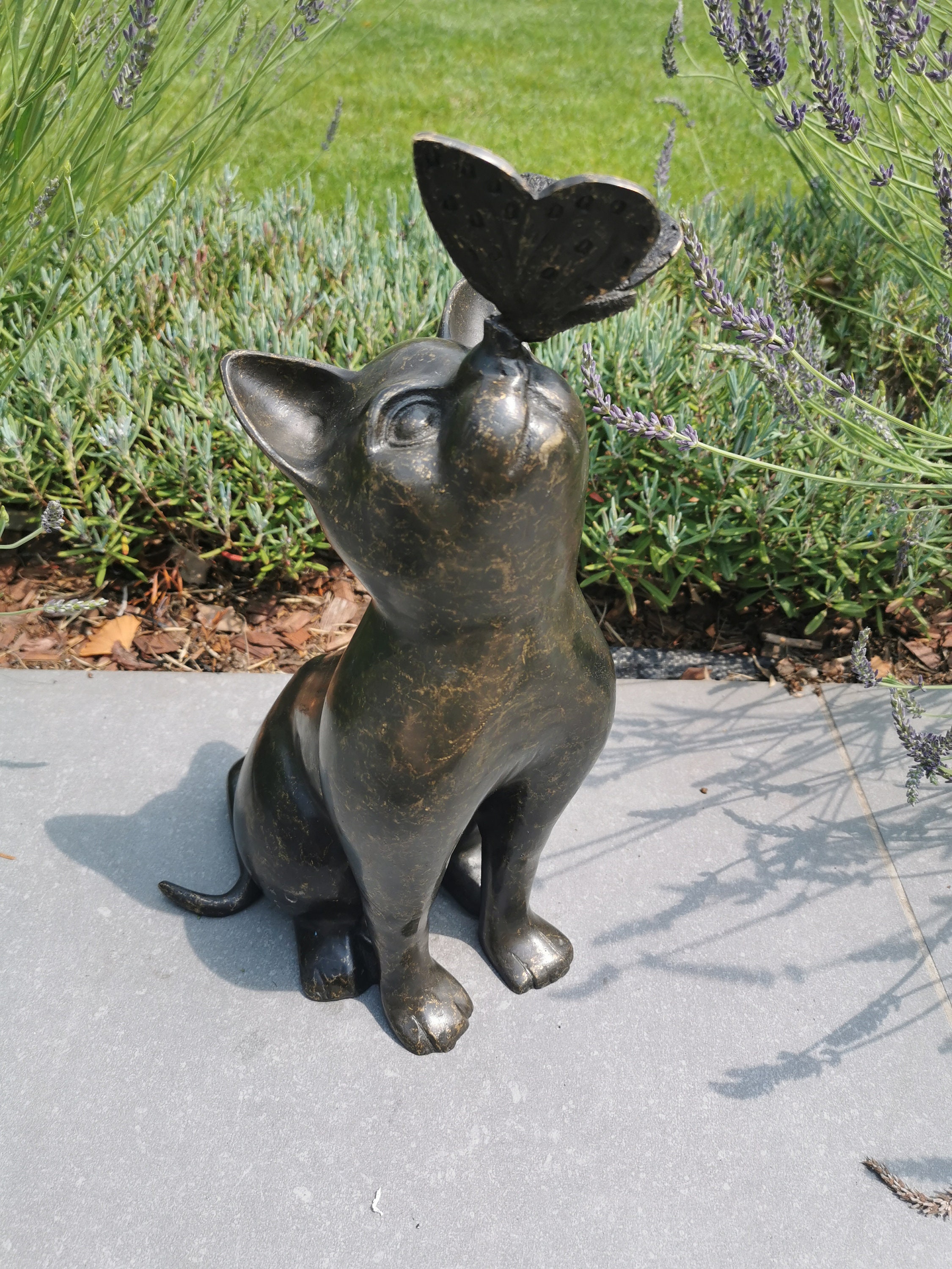 Beautiful bronze sculpture of a cat with a butterfly on it's nose